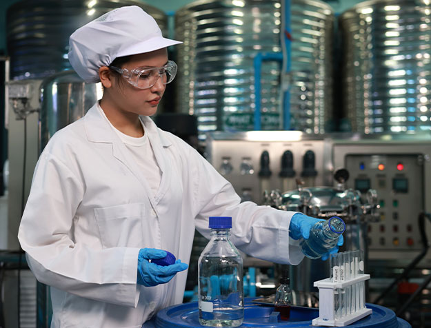 Eine Fachkraft &uuml;berpr&uuml;ft Proben und f&uuml;hrt Qualit&auml;tskontrollen in einer pharmazeutischen Produktionsumgebung durch.